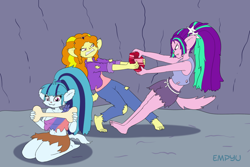 Size: 1000x667 | Tagged: safe, artist:empyu, imported from derpibooru, adagio dazzle, aria blaze, sonata dusk, werewolf, equestria girls, belly button, bone, clothes, female, fight, halloween, holiday, midriff, smiling, the dazzlings, trio