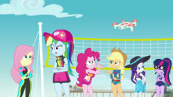 Size: 1920x1080 | Tagged: safe, imported from derpibooru, screencap, applejack, fluttershy, pinkie pie, rainbow dash, rarity, sci-twi, twilight sparkle, equestria girls, equestria girls series, forgotten friendship, board shorts, cap, clothes, diving suit, female, hat, humane five, humane six, mane six, midriff, selfie drone, shorts, sun hat, swimsuit, volleyball net, wetsuit