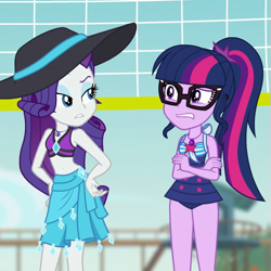 Size: 503x503 | Tagged: safe, imported from derpibooru, screencap, rarity, sci-twi, twilight sparkle, equestria girls, equestria girls series, forgotten friendship, belly button, clothes, cropped, duo, duo female, female, geode of empathy, geode of shielding, geode of sugar bombs, geode of super speed, geode of super strength, geode of telekinesis, glasses, hat, looking at each other, magical geodes, midriff, ponytail, raised eyebrow, rarity's blue sarong, rarity's purple bikini, sarong, scared, sci-twi swimsuit, selfie drone, sun hat, swimsuit, volleyball net