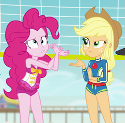 Size: 597x584 | Tagged: safe, imported from derpibooru, screencap, applejack, pinkie pie, equestria girls, equestria girls series, forgotten friendship, animation error, apple, applejack's hat, clothes, cowboy hat, cropped, derp, food, freckles, geode of super strength, hat, looking at each other, magical geodes, midriff, pinkie pie swimsuit, swimsuit, volleyball net