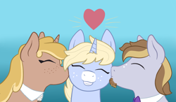 Size: 1200x700 | Tagged: safe, artist:scraggleman, imported from derpibooru, oc, oc:nootaz, oc:nora swirl, oc:waffle line, pegasus, pony, unicorn, beard, bowtie, facial hair, family, heart, kissing, smiling