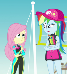 Size: 770x849 | Tagged: safe, imported from derpibooru, screencap, fluttershy, rainbow dash, butterfly, fish, equestria girls, equestria girls series, forgotten friendship, belly button, board shorts, cap, clothes, cropped, diving suit, female, fluttershy's wetsuit, geode of fauna, geode of super speed, hat, looking at each other, magical geodes, midriff, rainbow dash's beach shorts swimsuit, raised eyebrow, sad, shorts, swimsuit, volleyball net, wetsuit