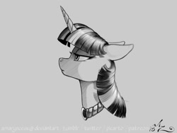 Size: 1200x900 | Tagged: safe, artist:amarynceus, imported from derpibooru, twilight sparkle, pony, unicorn, bust, female, implied lesbian, implied shipping, implied twiluna, jewelry, mare, monochrome, necklace, portrait, profile, simple background, sketch, solo