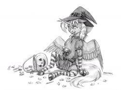 Size: 1400x1039 | Tagged: safe, artist:baron engel, imported from derpibooru, princess luna, alicorn, pony, clothes, female, grayscale, halloween, hat, holiday, jack-o-lantern, mare, monochrome, pumpkin, s1 luna, simple background, sketch, socks, solo, stomach ache, striped socks, traditional art, white background, witch, witch hat
