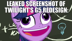 Size: 1920x1080 | Tagged: safe, editor:useraccount, imported from derpibooru, twilight sparkle, alicorn, pony, best gift ever, chalkboard, faic, fake, female, funny, funny face, g5, g5 concept leaks, image macro, joke, meme, pudding face, solo, text, twilight sparkle (alicorn)