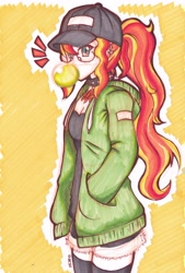 Size: 2286x3378 | Tagged: safe, artist:deeemperor, artist:dragonemperror2810, imported from derpibooru, sunset shimmer, human, equestria girls, bubblegum, choker, clothes, collar, female, food, gum, hat, hoodie, humanized, meganekko, solo, sunspecs shimmer