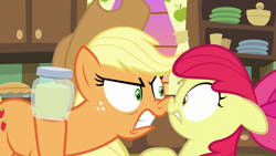 Size: 1280x720 | Tagged: safe, imported from derpibooru, screencap, apple bloom, applejack, pony, the perfect pear, angry, boop, bottle, dishonorapple, nose wrinkle, noseboop, pear jam, shocked