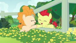 Size: 1280x720 | Tagged: safe, imported from derpibooru, screencap, bright mac, pear butter, pony, the perfect pear, baby, baby pony, brightabetes, buttercup, cute, fence, foal, pearabetes, smiling, younger