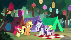 Size: 1280x720 | Tagged: safe, imported from derpibooru, screencap, apple bloom, applejack, rarity, sweetie belle, earth pony, pony, unicorn, campfire tales, forest, lantern, picnic blanket, tent, tree