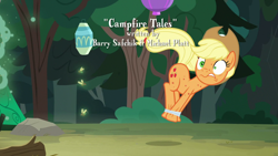 Size: 1280x720 | Tagged: safe, imported from derpibooru, screencap, applejack, fly-der, pony, campfire tales, applejack's hat, bondage, cowboy hat, faic, female, fly-der web, hat, hogtied, lantern, silly, silly pony, solo, stetson, text, tree, who's a silly pony