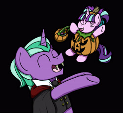 Size: 4287x3966 | Tagged: safe, artist:bobthedalek, imported from derpibooru, firelight, starlight glimmer, pony, unicorn, black background, bobthedalek is trying to murder us, bucket, candy, cape, clothes, costume, cute, dracula, duo, father and daughter, female, filly, filly starlight glimmer, foal, food, glimmerbetes, halloween, hnnng, holiday, jack-o-lantern, jacket, male, nightmare night, pumpkin, simple background, stallion, upsies, younger