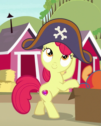 Size: 511x637 | Tagged: safe, imported from derpibooru, screencap, apple bloom, earth pony, pony, hard to say anything, bipedal, bipedal leaning, cute, dressup, female, filly, hat, hay bale, leaning, pirate hat, smiling, solo focus, sweet apple acres