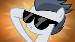 Size: 1280x720 | Tagged: safe, imported from derpibooru, screencap, rumble, pegasus, pony, marks and recreation, colt, male, orange background, solo, sunglasses