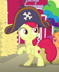 Size: 474x578 | Tagged: safe, imported from derpibooru, screencap, apple bloom, earth pony, pony, bipedal, cropped, female, filly, hat, hay bale, pirate hat, solo focus, sweet apple acres