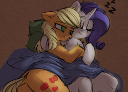 Size: 1280x923 | Tagged: safe, artist:yoditax, imported from derpibooru, applejack, rarity, earth pony, pony, unicorn, 30 minute art challenge, blanket, cuddling, cute, daaaaaaaaaaaw, female, fluffy, jackabetes, lesbian, love, raribetes, rarijack, shipping, sleeping, zzz