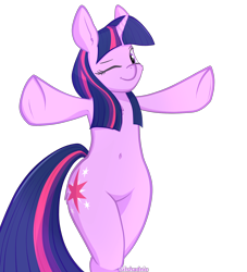 Size: 2000x2200 | Tagged: safe, artist:silshadnic, imported from derpibooru, twilight sparkle, pony, unicorn, armpits, belly button, bipedal, cute, digital art, female, high res, looking at you, mare, one eye closed, simple background, solo, transparent background, unicorn twilight, wink