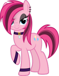 Size: 3509x4500 | Tagged: safe, artist:slb94, imported from derpibooru, pinkie pie, pony, alternate hairstyle, armband, bracelet, collar, dog tags, ear piercing, earring, eyeshadow, female, goth, jewelry, looking at you, makeup, piercing, raised hoof, simple background, smiling, solo, transparent background, vector