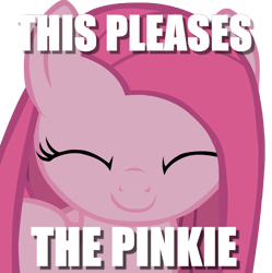 Size: 800x802 | Tagged: safe, imported from derpibooru, pinkie pie, pony, cute, cuteamena, female, image macro, meme, pinkamena diane pie, simple background, smiling, solo, text, this pleases meme, transparent background