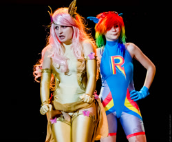 Size: 1102x907 | Tagged: safe, artist:hallysama, artist:raspbearyart, artist:sodo_chan, imported from derpibooru, fluttershy, rainbow dash, human, clothes, cosplay, costume, female, flutterdash, irl, irl human, lesbian, photo, shipping