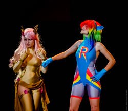 Size: 1075x929 | Tagged: safe, artist:hallysama, artist:raspbearyart, artist:sodo_chan, imported from derpibooru, fluttershy, rainbow dash, human, clothes, cosplay, costume, female, flutterdash, irl, irl human, lesbian, marriage, photo, shipping