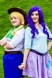 Size: 1000x1500 | Tagged: safe, artist:vjwcosplay, imported from derpibooru, applejack, rarity, human, equestria girls, belt, clothes, cosplay, costume, freckles, hat, irl, irl human, photo, skirt