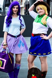 Size: 1000x1500 | Tagged: safe, artist:vjwcosplay, imported from derpibooru, applejack, rarity, human, equestria girls, belt, boots, clothes, cosplay, costume, freckles, hat, irl, irl human, photo, shoes, skirt