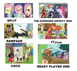Size: 934x856 | Tagged: safe, imported from derpibooru, applejack, big macintosh, button mash, discord, fili-second, fluttershy, masked matter-horn, mistress marevelous, pinkie pie, radiance, rainbow dash, rarity, saddle rager, sci-twi, skellinore, spike, sunset shimmer, twilight sparkle, zapp, bugbear, equestria girls, fake it 'til you make it, movie magic, slice of life (episode), the break up breakdown, spoiler:eqg specials, arcade, arcade stick, coco (disney movie), geode of super speed, geode of telekinesis, hearts and hooves day, humane five, humane seven, humane six, it, magical geodes, pennywise, portrayed by, power ponies, rampage, ready player one, split