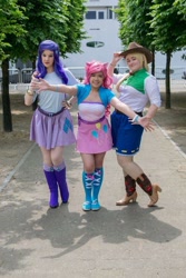 Size: 614x921 | Tagged: safe, artist:chixiechu, artist:vjwcosplay, imported from derpibooru, applejack, pinkie pie, rarity, human, equestria girls, belt, boots, clothes, cosplay, costume, freckles, hat, high heel boots, irl, irl human, photo, rubber boots, shoes, skirt