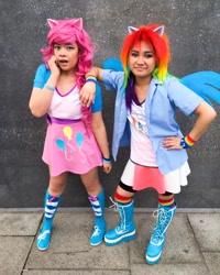 Size: 768x960 | Tagged: safe, artist:chixiechu, imported from derpibooru, pinkie pie, rainbow dash, human, equestria girls, boots, clothes, compression shorts, cosplay, costume, female, irl, irl human, photo, shoes, shorts, skirt, socks