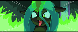 Size: 1109x460 | Tagged: safe, artist:droll3, imported from derpibooru, queen chrysalis, changeling, changeling queen, adoracreepy, creepy, cute, cute little fangs, cutealis, fangs, female, floppy ears, glowing, glowing horn, horn, smiling, solo