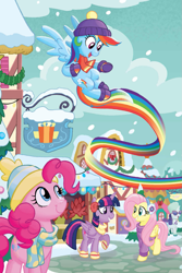 Size: 865x1292 | Tagged: safe, artist:tonyfleecs, imported from derpibooru, fluttershy, pinkie pie, rainbow dash, rarity, twilight sparkle, alicorn, earth pony, pegasus, pony, unicorn, best gift ever, spoiler:book, a present for everypony, book:best gift ever, boots, clothes, earmuffs, female, flying, hat, mare, ponyville, rainbow trail, scarf, shoes, snow, speed trail, sweater, toque, twilight sparkle (alicorn), winter