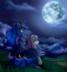 Size: 2250x2400 | Tagged: dead source, safe, artist:vird-gi, imported from derpibooru, maud pie, princess luna, alicorn, earth pony, pony, crying, duo, duo female, fanfic art, female, full moon, mare, moon, night, tears of joy