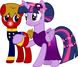 Size: 5000x4306 | Tagged: safe, imported from derpibooru, twilight sparkle, oc, oc:max mustang, alicorn, absurd resolution, bun, canon, canon x oc, clothes, dress, duo, eyeshadow, female, flower, flower in hair, holding hooves, makeup, male, mare, maxlight (shipping), pin, simple background, snow tip nose, stallion, transparent background, twilight sparkle (alicorn), uniform, vector