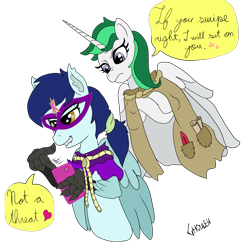 Size: 3337x3417 | Tagged: safe, artist:ghouleh, imported from derpibooru, clover the clever, oc, oc:kody, alicorn, hippogriff, cellphone, dialogue balloon, disapproval, element of magic, implied facesitting, mask, phone, ponytail, quill, reupload, rope, scroll, simple background, speech bubble, talon, tinder, transparent background