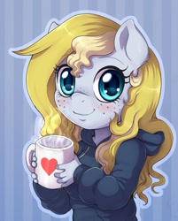 Size: 801x997 | Tagged: dead source, safe, artist:evomanaphy, imported from derpibooru, oc, oc only, oc:evo, anthro, blushing, chibi, clothes, cup, cute, female, freckles, heart, looking at you, mug, smiling, solo, sweater