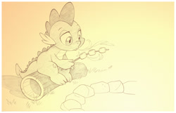 Size: 1042x673 | Tagged: safe, artist:sherwoodwhisper, imported from derpibooru, spike, dragon, campfire, fire, fire breath, food, gradient background, male, marshmallow, monochrome, mundane utility, pencil drawing, solo, traditional art