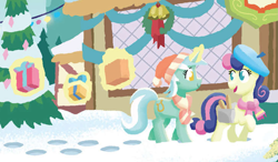 Size: 1759x1025 | Tagged: safe, artist:tonyfleecs, imported from derpibooru, bon bon, lyra heartstrings, sweetie drops, earth pony, pony, unicorn, best gift ever, spoiler:book, a present for everypony, beret, best friends, book:best gift ever, christmas, christmas tree, clothes, duo, female, hat, hearth's warming eve, holiday, magic, mare, needs more jpeg, present, saddle bag, scarf, snow, telekinesis, tree