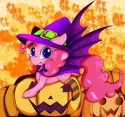 Size: 2112x1980 | Tagged: safe, artist:zokkili, imported from derpibooru, pinkie pie, earth pony, pony, cape, clothes, colored eyelashes, female, halloween, hat, holiday, jack-o-lantern, mare, pumpkin, socks, solo, striped socks, wizard hat