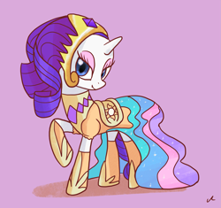 Size: 1737x1636 | Tagged: safe, artist:docwario, imported from derpibooru, rarity, pony, unicorn, alternate hairstyle, clothes, dress, female, head turn, headdress, lidded eyes, looking at you, looking sideways, mare, raised hoof, raritober, smiling, solo, standing, turned head