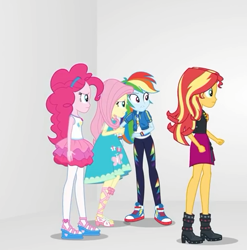 Size: 509x515 | Tagged: safe, imported from derpibooru, screencap, pinkie pie, rainbow dash, sunset shimmer, equestria girls, equestria girls series, rollercoaster of friendship, boots, clothes, converse, cropped, dress, female, geode of empathy, geode of sugar bombs, geode of super speed, high heel boots, jacket, leather, leather jacket, magical geodes, pants, pantyhose, room, sandals, shoes, skirt, sneakers