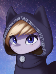 Size: 1587x2100 | Tagged: safe, artist:mrscroup, imported from derpibooru, oc, oc only, oc:eathelin, pony, equestria at war mod, bust, cat ears, clothes, female, hood, looking at you, mare, portrait, smiling, solo, starry background, stars