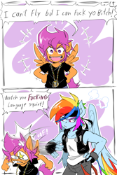 Size: 800x1200 | Tagged: safe, artist:thegreatrouge, imported from derpibooru, rainbow dash, scootaloo, anthro, abuse, clothes, comic, dialogue, hand on hip, hypocritical humor, jacket, jewelry, leather jacket, necklace, oof, scootabuse, slap, speech bubble, swirly eyes, vulgar, wings