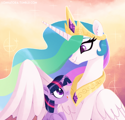 Size: 1400x1344 | Tagged: safe, artist:sonnatora, imported from derpibooru, princess celestia, twilight sparkle, pony, unicorn, cute, female, hug, looking at each other, mare, momlestia, peytral, regalia, signature, smiling, sparkles, sweet dreams fuel, twiabetes, unicorn twilight, winghug, younger