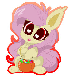 Size: 3207x3511 | Tagged: safe, artist:kittyrosie, imported from derpibooru, fluttershy, bat pony, pony, cute, female, flutterbat, head tilt, heart eyes, looking at you, open mouth, outline, pumpkin, pumpkin bucket, race swap, shyabates, shyabetes, simple background, sitting, smiling, solo, transparent background, wingding eyes