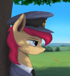 Size: 2100x2295 | Tagged: safe, artist:mrscroup, imported from derpibooru, oc, oc only, oc:scroupy, pony, clothes, cloud, femboy, grass, male, necktie, sky, solo, suit, tree