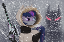 Size: 2325x1525 | Tagged: safe, artist:mrscroup, imported from derpibooru, twilight sparkle, alicorn, pony, blizzard, clothes, female, gun, mare, snow, snowfall, weapon