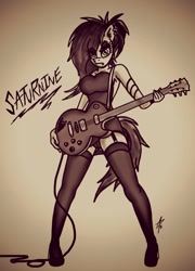 Size: 1687x2337 | Tagged: safe, artist:palmartz44, imported from derpibooru, oc, anthro, unicorn, anthro oc, clothes, guitar, hair over one eye, lingerie, messy mane, see-through, socks, stockings, thigh highs