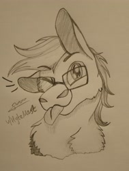 Size: 3542x4689 | Tagged: safe, artist:hytemast, imported from derpibooru, oc, oc only, earth pony, pony, :p, absurd resolution, black and white, bust, chest fluff, doodle, glasses, grayscale, hat, looking at you, male, monochrome, one eye closed, paper, pencil, signature, silly, simple background, solo, stallion, tongue out, traditional art, white background, wink