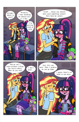 Size: 2650x4096 | Tagged: safe, artist:verumteednp, deleted from derpibooru, imported from derpibooru, sci-twi, spike, spike the regular dog, sunset shimmer, twilight sparkle, dog, comic:sparkling shimmer, equestria girls, blushing, chapter 2, clothes, comic, dialogue, glasses, implied lesbian, implied scitwishimmer, implied shipping, jacket, open mouth, speech bubble, spike is not amused, unamused