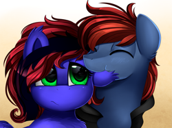 Size: 2379x1783 | Tagged: safe, artist:pridark, imported from derpibooru, oc, oc only, oc:firewire, oc:skitzy, pony, bust, commission, eyes closed, green eyes, nom, portrait, sad